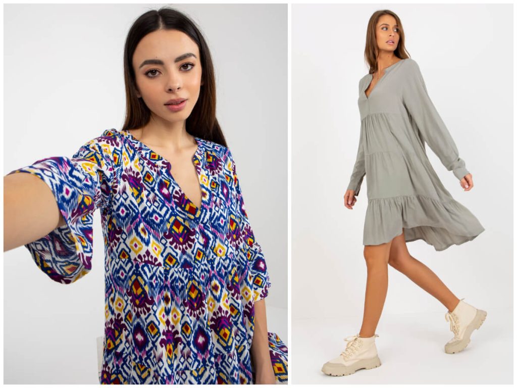 Sukienka oversize boho w stylizacjach ze wzorem i gładka.